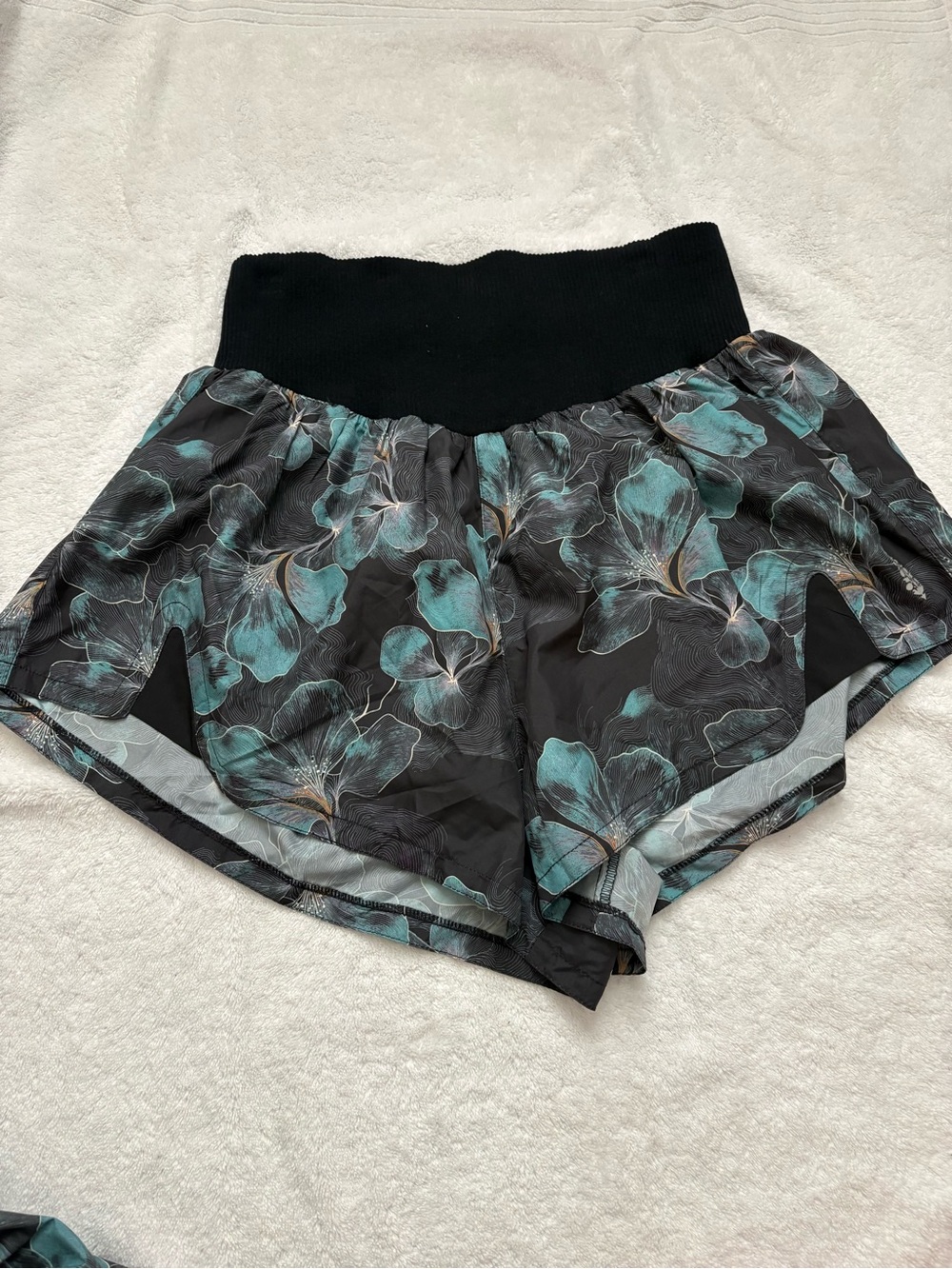 Black Floral High-Waist Athletic Shorts